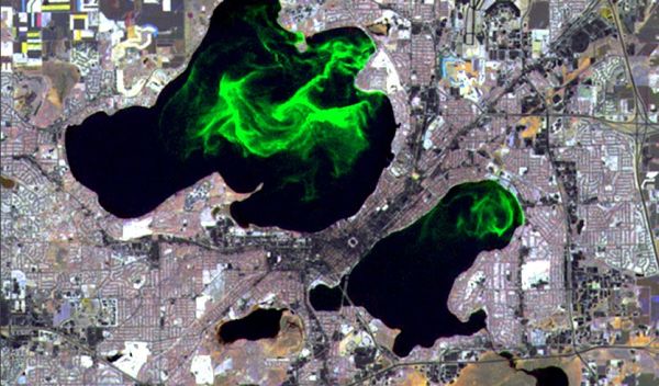 Aerial view showing algae blooms in Wisconsin's Lake Mendota