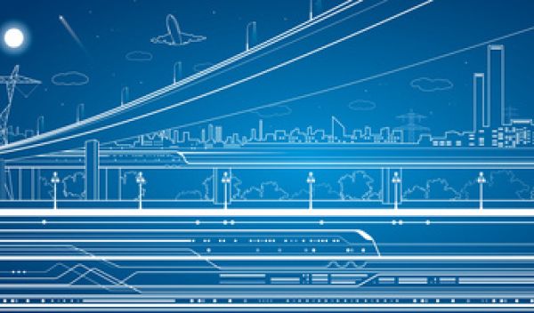 illustration showing a city skyline, bridge, airplane and power grid