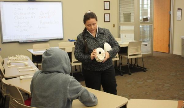 Photo of professor teaching parts of a skull to a student