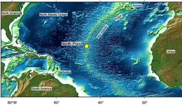 Aerial illustration of the western flank of the undersea Mid-Atlantic Ridge.