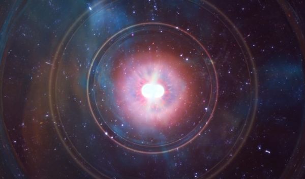 Artist's impression of gravitational waves emitted when superdense neutron stars collide