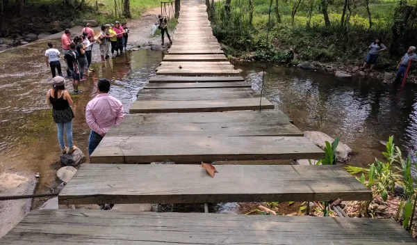 a wooden bridge over water