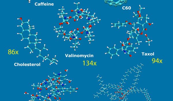 Graphical representation of seven test molecule structures.