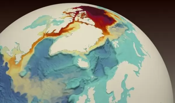 a simulated red dye tracer released from the Beaufort Gyre in the Arctic Ocean