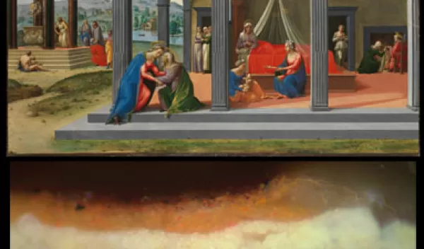 Top: Scenes From the Life of Saint John the Baptist, Bottom: Cross section of paint layers.