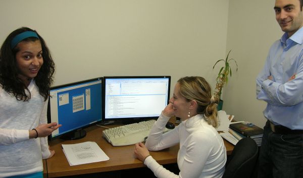 Aisha Sohail, Heather Ames and Jasmin Leveille running simulations of artificial visual system.