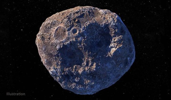 Illustration of the asteroid Psyche in partial darkness