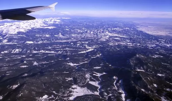 Boulder Creek and the Rocky Mountains seen from the airplane.