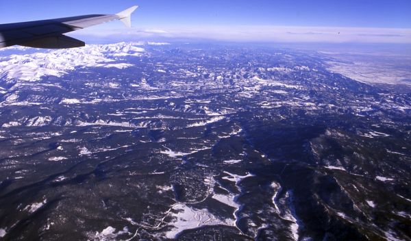 Boulder Creek and the Rocky Mountains seen from the airplane.