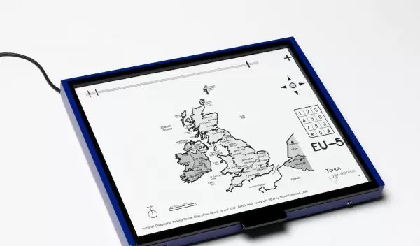 This Talking Tactile Tablet features a map of the United Kingdom from a world atlas.