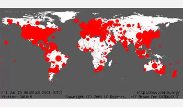 World map showing the spread of the Code Red worm in 2001