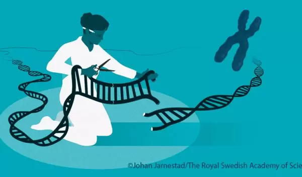 CRISPR illustration depicting a scientist using scissors to cut a strand of DNA