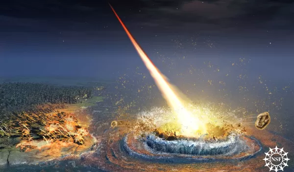 Ilustration of a crater formed from the impact of a comet or asteroid in Chesapeake Bay.