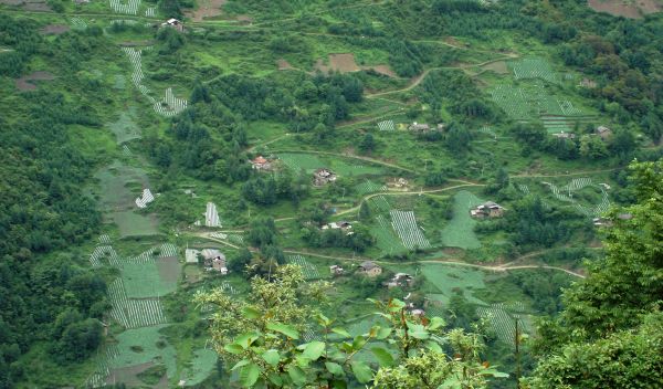 Photo of rural China showing agricultural development and fragmented forests.