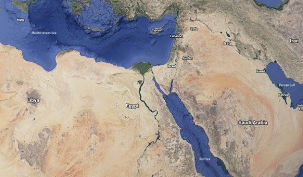 an aerial view of northern Africa, the Arabian Peninsula and the Mediterranean Basin