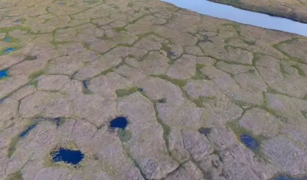 aerial image of ice wedge polygons next to Kaktovik Lagoon