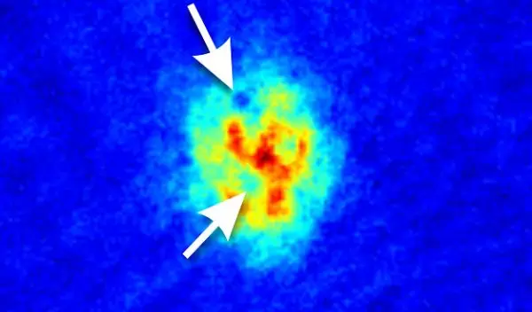 Computer graphic showing quantum vortices formed when atoms expand for 50 thousandths of a second.