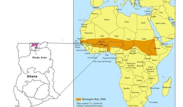Map of Africa showing the "meningitis belt" stretching from Gambia through Ghana to Eritre