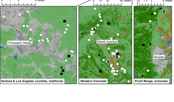 Map of the areas in California and Colorado where bobcats frequent were studied by scientists.