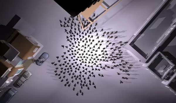 Illustration of a fleeing crowd of artificial agents.