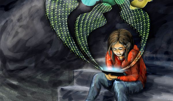 Illustration showing a depressed child holding a tablet with 3 cyberbullies coming out of tablet.