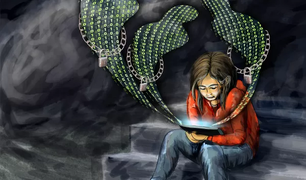 seated child with three cyberbullies each with belt lock rising from her laptop.