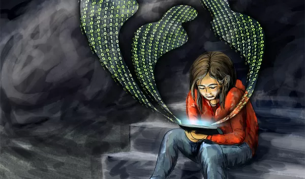 Illustration showing a depressed child holding a tablet with 3 cyberbullies coming out of tablet.