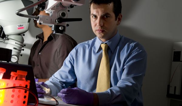 Photo of bioengineer Rafael Davalos in his laboratory at Virginia Tech.
