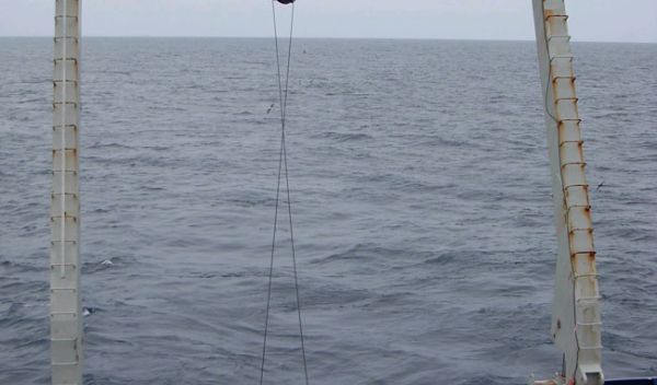 Photo of the CTD/rosette that contains sampling bottles and instruments.