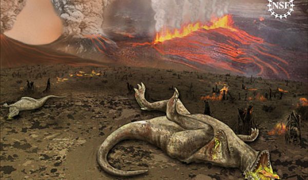 Illustration of dinosaurs dying amid a volcanic eruption.