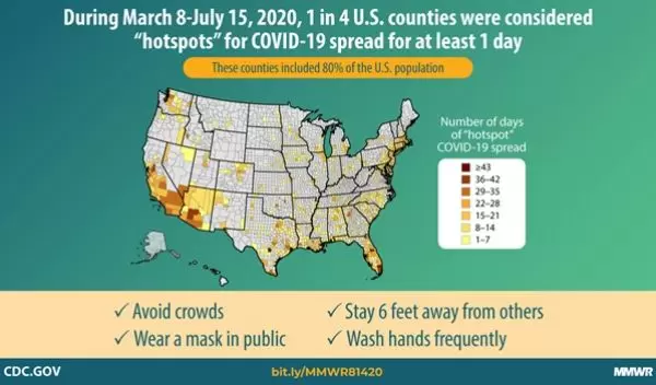 U.S. map showing COVID-19 hotspots