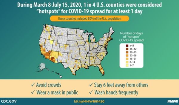 U.S. map showing COVID-19 hotspots