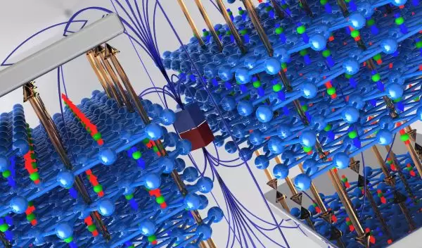 Artistic visualization of the atomic and magnetic moment structure of chromia.