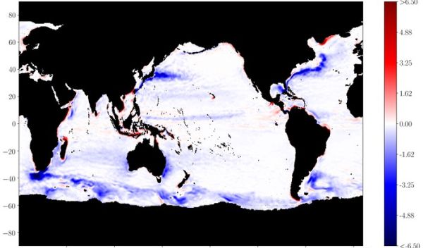 Satellite data show areas of the oceans where