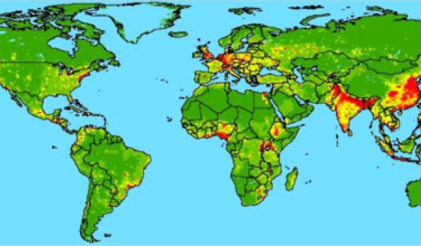 Map showing regions where people have increasing contact with wildlife.