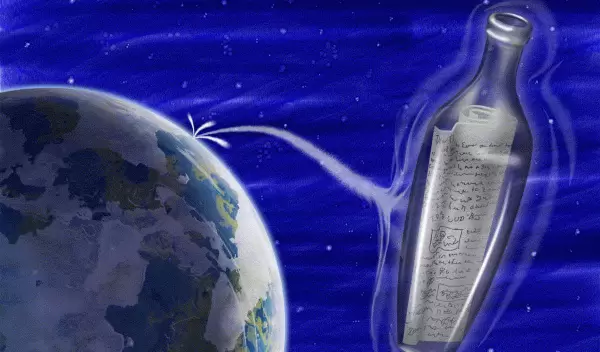 Illustration shows message in a bottle, Earth in background.