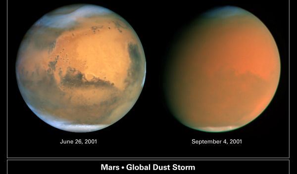 Composite of two Hubble Space Telescope images of a global dust storm on Mars.
