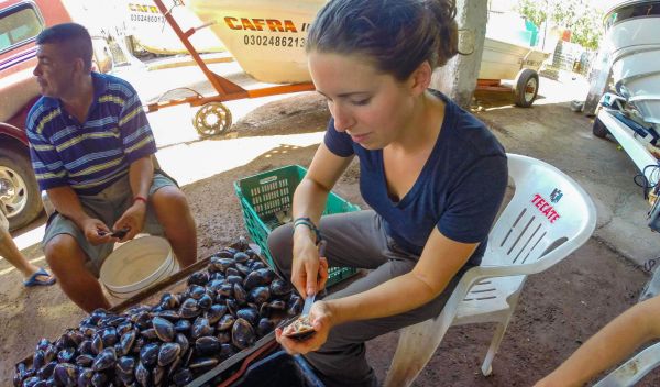 Kara Pellowe conducting fisheries research in Mexico alongside clam harvesters