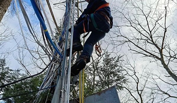 Scientist Daniel Obrist climbs a tower in Harvard Forest to measure mercury deposition.