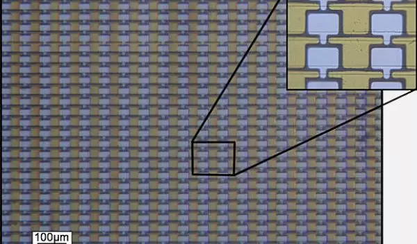 Optical micrograph showing an array of graphene transistors prepared on silicon carbide.