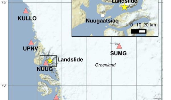 the location of the Nuugaatsiaq landslide (yellow star)