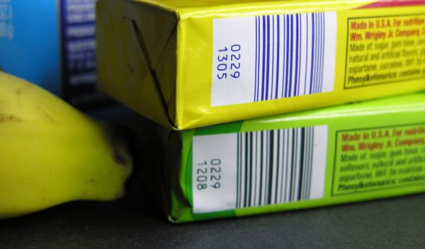 Photo showing barcodes on 2 packages of chewing gum