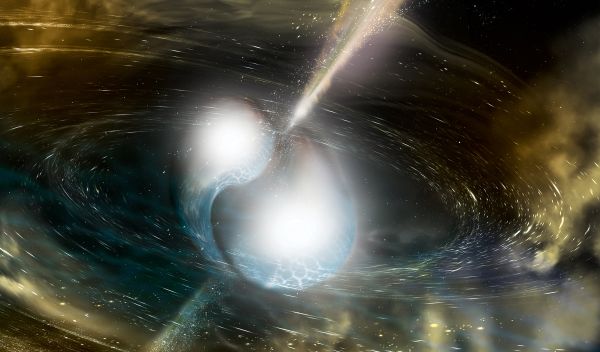 Artist's illustration of two merging neutron stars producing gravitational waves.