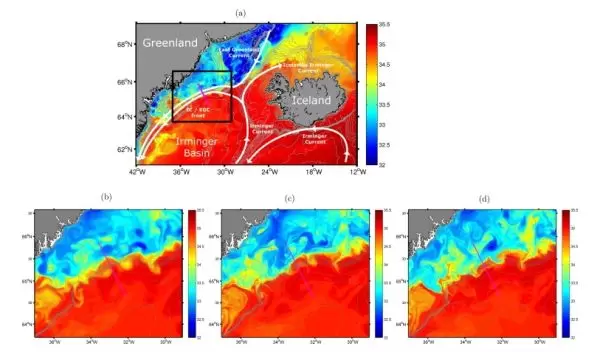 illustration showing sea surface salinity data off the East Greenland Shelf