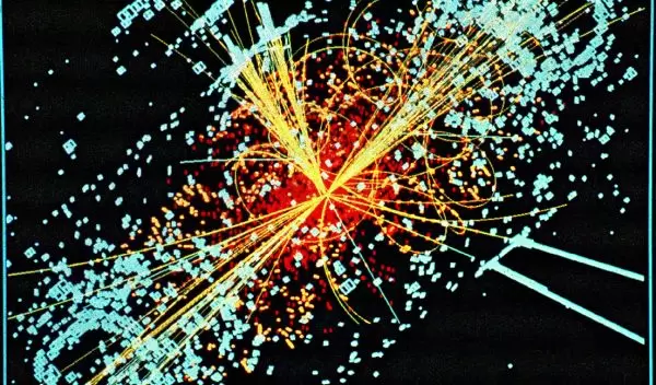 Simulated data showing protons colliding to form a Higgs boson that decays into hadrons, electrons.