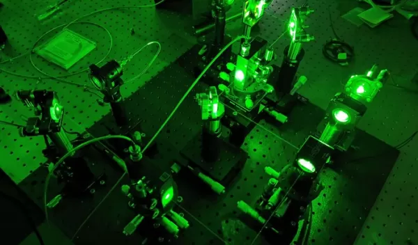 A setup of one of the holographic camera prototypes in the laboratory.