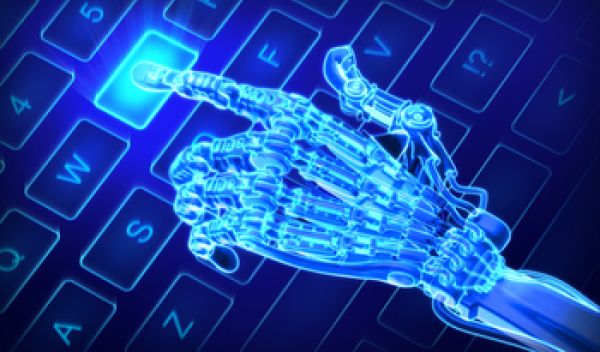 illustration showing a robotic hand at computer