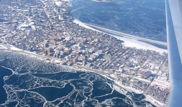 Aerial photo of ice cover on northern lakes