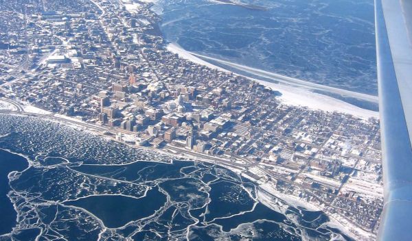 Aerial photo of ice cover on northern lakes