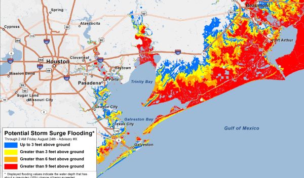 example of the experimental Potential Storm Surge Inundation Map showing the Texas Gulf coast